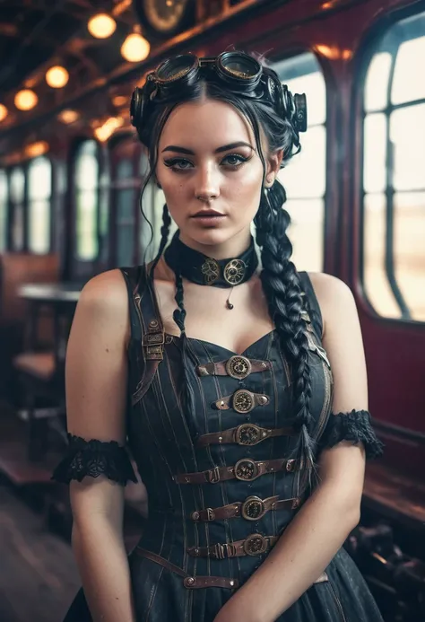 (Realisttic:1.2), analog photo style, faded color, Beautiful woman, posing, with freckles and long black hair braided, (steampunk dark fantasy atmosphere), soft natural light, cute and sexy, great quality, wear a cute Strampunkdress and looks at you, steam...