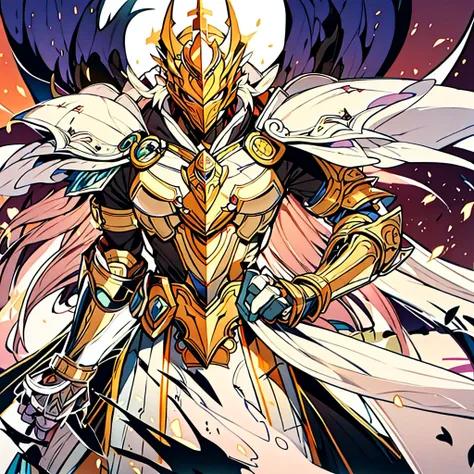 masterpiece, highest quality,Holding a seven-colored sword,Anime character holding sword and armor standing in front of a background, holy paladin, wears light armor, white armor, epic paladin armor, gold paladin, male paladin, fantasy paladin, intricate w...