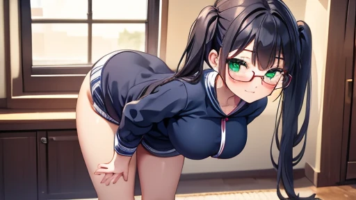 masterpiece,highest quality,wonderful,finely,High resolution,1 girl, big breasts,(leaning forward:1.3), black hair, glasses, green eyes,twin tails,full body