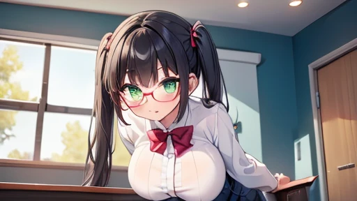 masterpiece,highest quality,wonderful,finely,High resolution,1 girl, big breasts,(leaning forward:1.3), black hair, glasses, green eyes,twin tails,full body