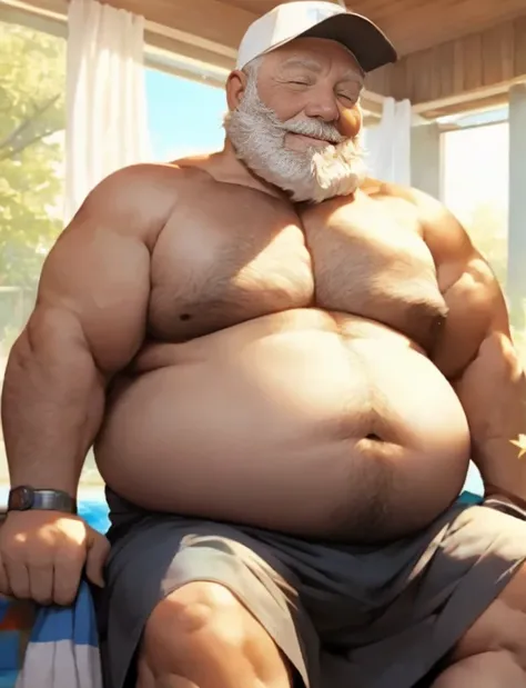 grandpa，overweight，White hair，topless，by the riveshing，There&#39;s a towel underneath，with hat，happy，sitting，kindly，looking at you，high quality，masterpiece，