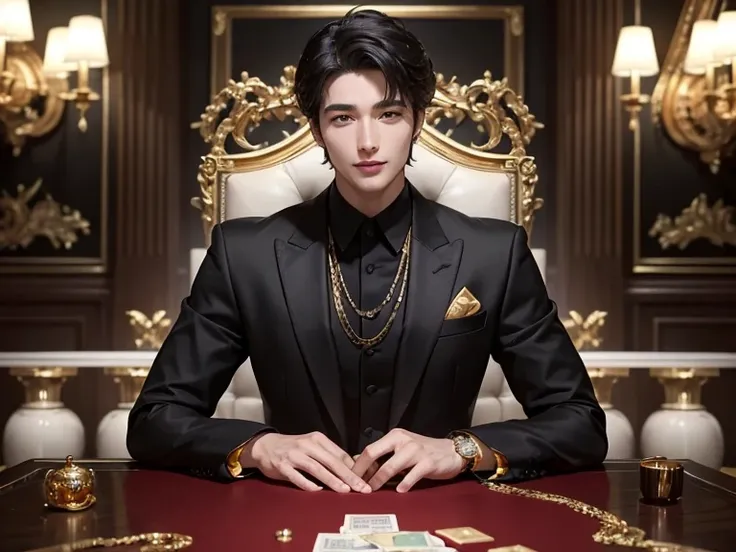 ((best quality)), ((masterpiece)), (detailed), winning the lotto, the rich, successful happy face, black suit, spacious house, Gold and precious stones, Bundle of money, Super handsome man