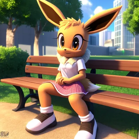 ((smooth textures)), ((clear textures)), ((Highly detailed)), ((studio quality)), ((masterpiece)), ((4k)), ((8k uhd)), Mobian (Eevee), public park, bench, sitting, pink skirt, white shirt