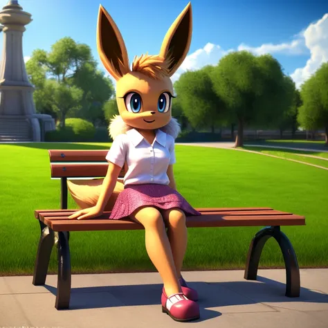 ((smooth textures)), ((clear textures)), ((Highly detailed)), ((studio quality)), ((masterpiece)), ((4k)), ((8k uhd)), Mobian (Eevee), public park, bench, sitting, pink skirt, white shirt