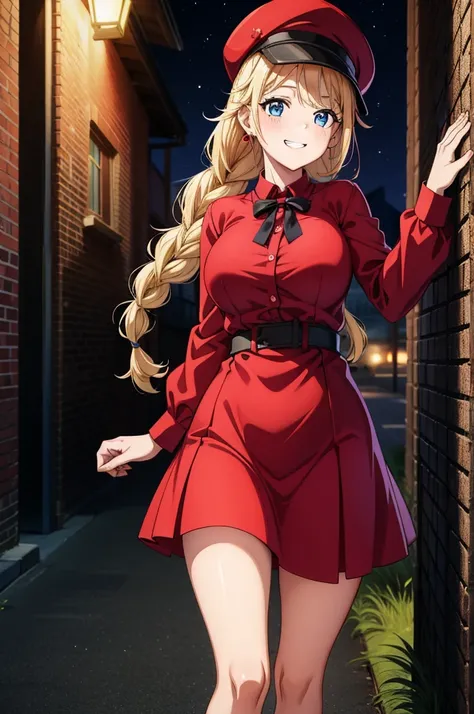 a girl wearing a red dress and a hat standing in an alleyway, 1girl, solo, breasts, blue eyes, blonde hair, smile, hat, skirt, braid, looking at viewer, large breasts, red shirt, jewelry, shirt, outdoors, night, blush, grin, earrings, black headwear, long ...