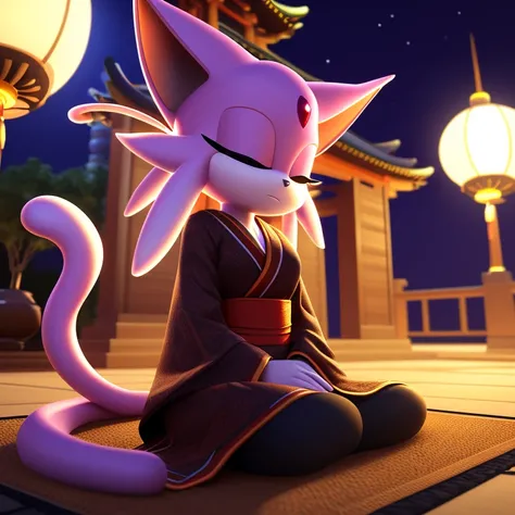 ((smooth textures)), ((clear textures)), ((Highly detailed)), ((studio quality)), ((masterpiece)), ((4k)), ((8k uhd)), Mobian (Espeon), pagoda, 1girl, nighttime, meditating, solo focus, dark purple kimono, closed eyes, (forked tail)