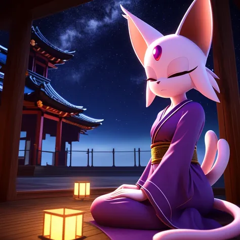 ((smooth textures)), ((clear textures)), ((Highly detailed)), ((studio quality)), ((masterpiece)), ((4k)), ((8k uhd)), Mobian (Espeon), pagoda, 1girl, nighttime, meditating, solo focus, dark purple kimono, closed eyes, (forked tail)