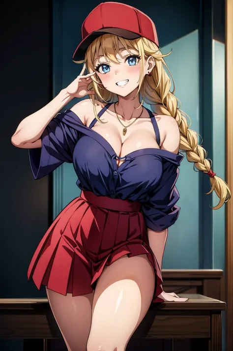 an anime image of a sexy character showing her fingers making the ok symbol, 1girl, breasts, solo, jewelry, braid, skirt, hat, smile, blue eyes, hoop earrings, earrings, blonde hair, areola slip, looking at viewer, necklace, shirt, cleavage, grin, long hai...