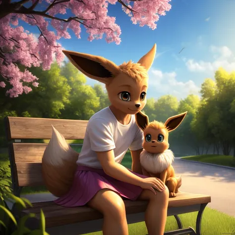 "(best quality,4k,8k,highres,masterpiece:1.2),ultra-detailed,(realistic,photorealistic,photo-realistic:1.37),smooth textures,clear textures,Highly detailed,studio quality,portraits,pink skirt,white shirt,Eevee,sitting on a park bench in a public park, lush...