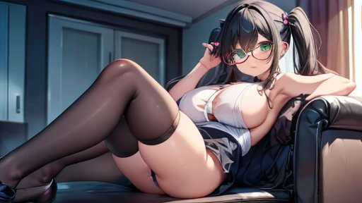 masterpiece,highest quality,wonderful,finely,High resolution,1 girl, big breasts,(reclining:1.3), black hair, glasses, green eyes,twin tails, full body