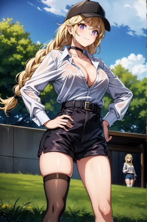 a girl in heels holding her bat next to a girl in shorts, shorts, breasts, blonde hair, thighhighs, purple eyes, shirt, long hair, black shorts, black choker, choker, smile, boots, hand on hip, hat, high heels, shirt tucked in, braid, outdoors, large breas...