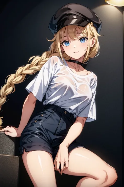 a beautiful blond haired young girl wearing a short shirt and pants, 1girl, solo, braid, blonde hair, long hair, blue eyes, shorts, black shorts, shirt, looking at viewer, twin braids, white shirt, hat, short sleeves, smile, choker, very long hair, breasts...