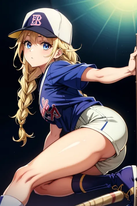 (((yor forger))), 1girl, solo, waifu, breasts,wide hips, thighs, fringe, earrings, ((wearing a ornate gold headband)), ((baseball player)), ((from side)), ((head toward viewer)), ((baseball shirt)), ((baseball cap)), ((baseball bat)), ((baseball terrain)),...