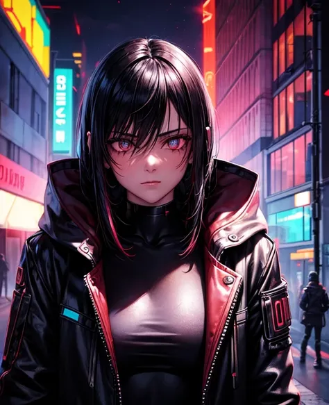 cyberpunk, portrait, Schwarz , Rot neon eyes, stilvoll tragen [Schwarz|Rot] Kleidung steht in einer Stadt, (sonnenaufgang:1.4), Street, kompliziert, fototealistisch