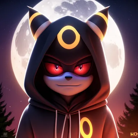 ((smooth textures)), ((clear textures)), ((Highly detailed)), ((studio quality)), ((masterpiece)), ((4k)), ((8k uhd)), Mobian (Umbreon), forest, 1girl, nighttime, full moon, red sclera, creepy, unamused, looking at viewer, black hood, black fur