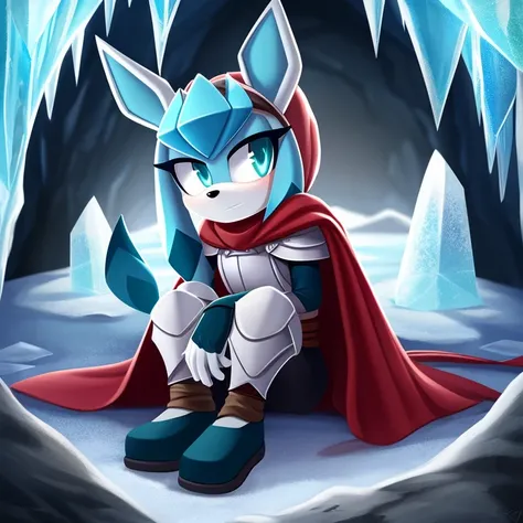 Mobian (Glaceon), ice, arctic cave, sitting, looking at viewer, (unamused), viking armor, viking shoulder pads, viking cape