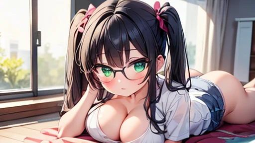 masterpiece,highest quality,wonderful,finely,High resolution,1 girl, big breasts,(on stomach:1.3), black hair, glasses, green eyes,twin tails,full body