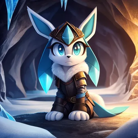 A Mobian Glaceon sitting in an arctic cave, clad in viking armor, with viking shoulder pads and a viking cape, looking at the viewer with an unamused expression. The Glaceons detailed, icy fur glistens in the dimly lit cave, while the atmosphere is filled ...