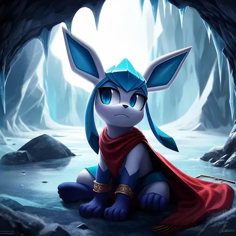 A Mobian Glaceon sitting in an arctic cave, clad in viking armor, with viking shoulder pads and a viking cape, looking at the viewer with an unamused expression. The Glaceons detailed, icy fur glistens in the dimly lit cave, while the atmosphere is filled ...