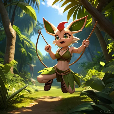 ((smooth textures)), ((clear textures)), ((Highly detailed)), ((studio quality)), ((masterpiece)), ((4k)), ((8k uhd)), Mobian (Leafeon), jungle, jungle vine, swinging, tribal clothing, female