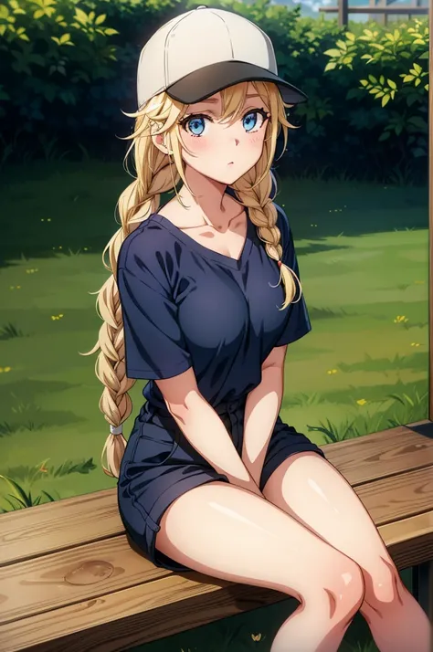 a cartoon character posing nude sitting on bench as people walk by,, 1girl, solo, hat, twin braids, blue eyes, blonde hair, braid, sitting, long hair, shorts, looking at viewer, shirt, black headwear, short sleeves, breasts, baseball cap, outdoors, grass, ...