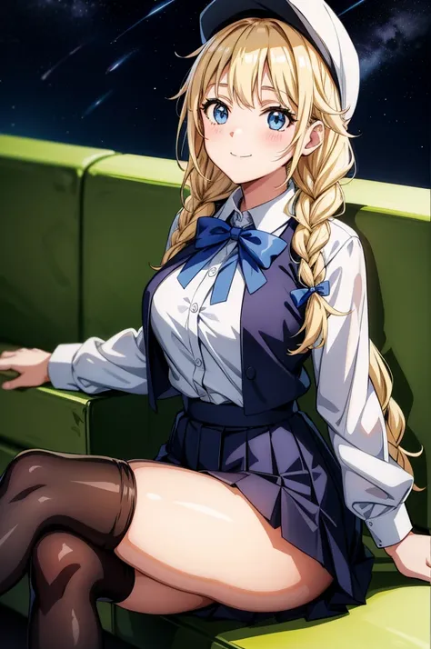 a anime woman dressed in tight black tights and white shirt sitting on a bench, 1girl, solo, skirt, blonde hair, thighhighs, crossed legs, twin braids, blue eyes, sky, shirt, sitting, braid, white shirt, star (sky), long hair, pleated skirt, blush, looking...