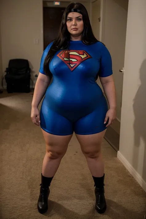 bbw superheroine is exhausted and paralyzed standing in front of the photo, full body, bbw