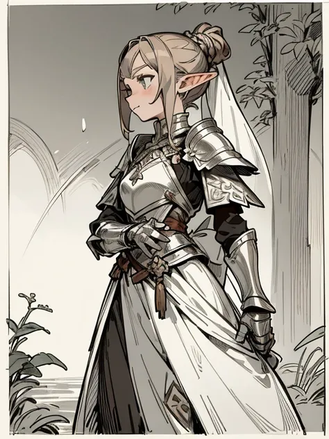 A female elf wearing silver armor with brown hair tied up