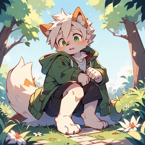 bright outside，dog boy，dog ears，dog tail，male focus，hairy man，hairy shota，white hair，Bright Eyes，green pupils，Autumn coat，shorts，（the only person）best quality，big tail，Shota