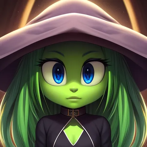 Masterpiece, perfect anatomy, perfect hands, perfect body, slime girl, green slime hair, long green hair, green skin, black dress, realistic, front view, first person view