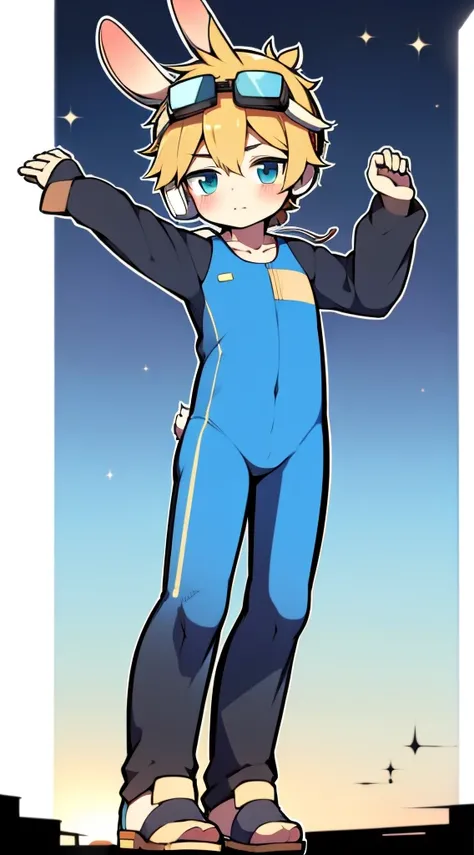 2D boy Shota，One-piece racing suit，Slim, healthy body，Put the headphones on your head，stand up，goggles，rabbit ears