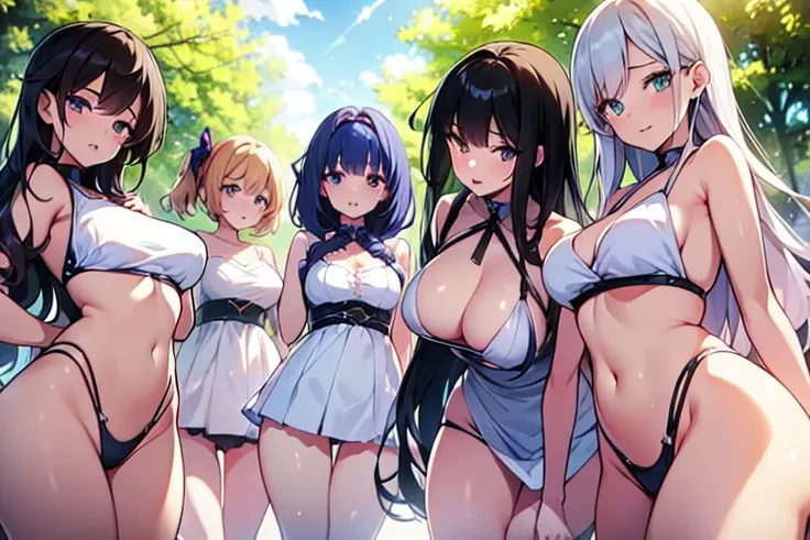 Harem,4girls,quartet,squad,cowboyshot,pov,beautiful detailed eyes, detailed lips, long eyelashes, bright and vibrant colors, natural lighting,(best quality, 4k, highres), ultra-detailed, soft and smooth texture, no distractions, dreamlike sensation, slight...