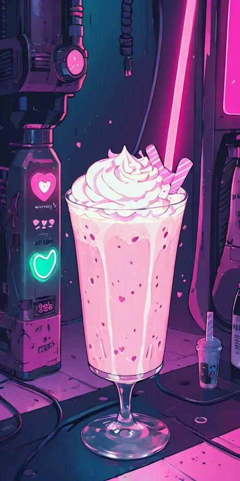  Girl kawai manga , cyberpunk pink , cute, fone de ouvido, milkshake detalhe, Neon hearts