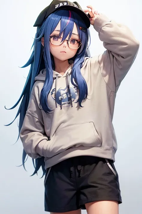 beautiful girl, stocky, light colored hoodie, in short pants, messy hair, long hair, anime, blue hair, Wear glasses