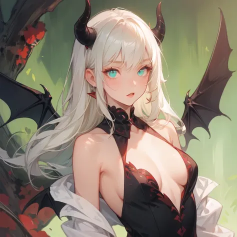 1girl, demon, crazy expression, evil, mint eyes, blonde almost white hair, demon horns, demon wings on her back, small breast, black and mint colored dress