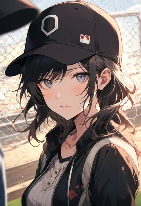 girl, Baseball cap, baseball field, by Tsukasa Hojo, realistic, detailed background, (masterpiece, best quality, perfect composition, very aesthetic, absurdres, ultra-detailed, intricate details, Professional, official art, Representative work:1.3), (Anima...