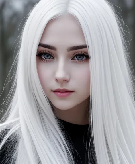 Long white hair,  women，Cold，((white eyes)), white eyebrow, natural lips, no make up, bright white skin, white colors