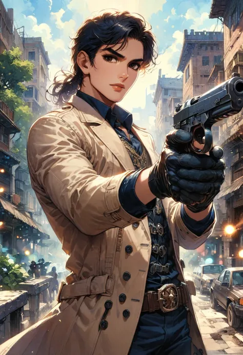 boy, Comic city hunter style, handsome man, Beige long trench coat, Point a pistol at viewer, open fire, colorful, shooter, realistic, detailed background, (masterpiece, best quality, perfect composition, very aesthetic, absurdres, ultra-detailed, intricat...