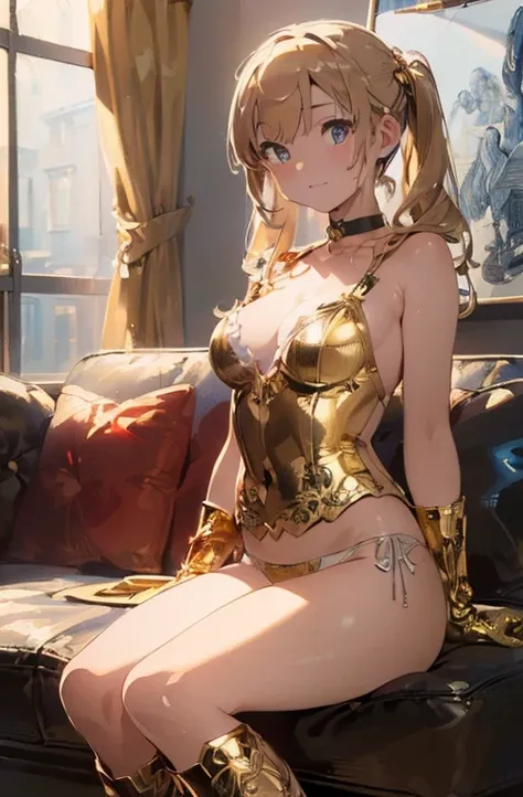 (masterpiece:1.8),(highest quality:1.8),(Super detailed:1.8),(8K:1.8),(Ultra-fine illustration:1.5),cute single mature woman,skinny,small ass,straight twin tails,flat chest,small breasts,(Shiny metallic gold color,White String Panties),,Gold Corset,choker,...