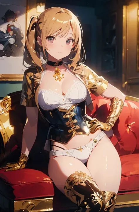 (masterpiece:1.8),(highest quality:1.8),(Super detailed:1.8),(8K:1.8),(Ultra-fine illustration:1.5),cute single mature woman,skinny,small ass,straight twin tails,flat chest,small breasts,(Shiny metallic gold color,White String Panties),,Gold Corset,choker,...