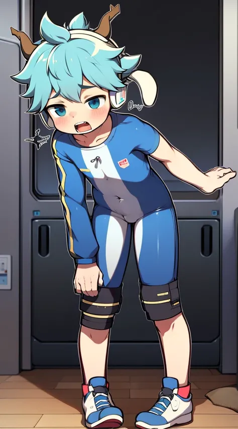 2D boy Shota，One-piece mountaineering suit，Put the headphones on your head，standing，goggles，horns，cow ears，sports shoes，Pull down the zipper，moan