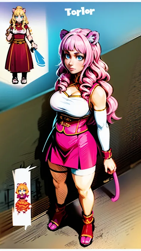 , tiger ears, tiger tails, martial art, medium chest, pink hair, skirt, jacket, godess,1girl,coat,standing,, solo focus.1character, holy catholic mountain,refsheet, character focus, 1character,