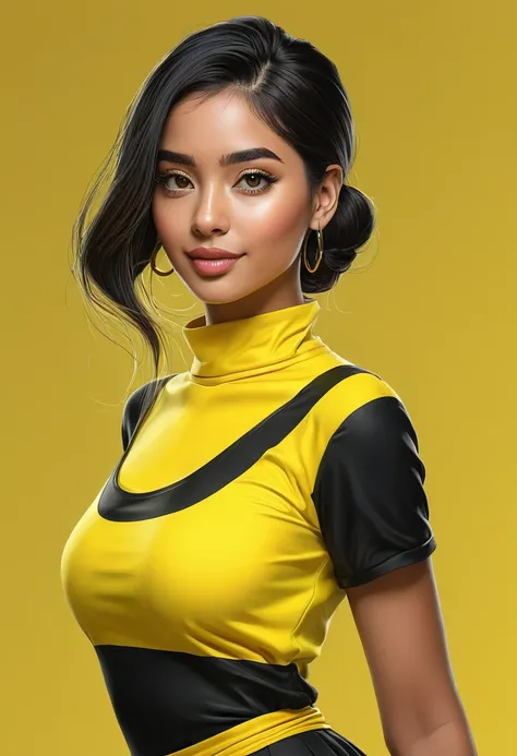 create a digital painting, 4k, JIM EIDOMODE, a cartoon of a woman in a yellow and black outfit, cel - shaded, painted and colored art style, cel shaded!!!, high quality color drawing, digitally colored, color drawing , shaded cel:15, clean shaded cel, colo...