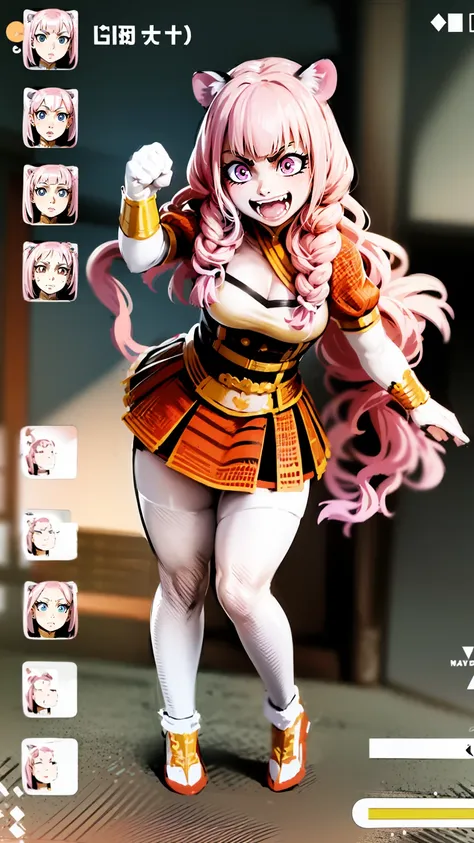 , tiger ears, tiger tails, martial art, medium chest, pink hair, skirt, jacket, godess,1girl,coat,standing,, solo focus.1character, holy catholic mountain,refsheet, character focus, 1character,fangs, cloused mouth,