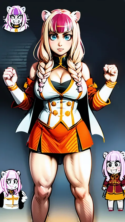 , tiger ears, tiger tails, martial art, medium chest, pink hair, skirt, jacket, godess,1girl,coat,standing,, solo focus.1character, holy catholic mountain,refsheet, character focus, 1character,fangs, cloused mouth,