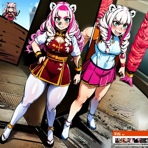 , tiger ears, tiger tails, martial art, medium chest, pink hair, skirt, jacket, godess,1girl,coat,standing,, solo focus.1character,,refsheet, character focus, 1character,fangs, cloused mouth,pink hair, green eyes, chinese dress, tomboy,