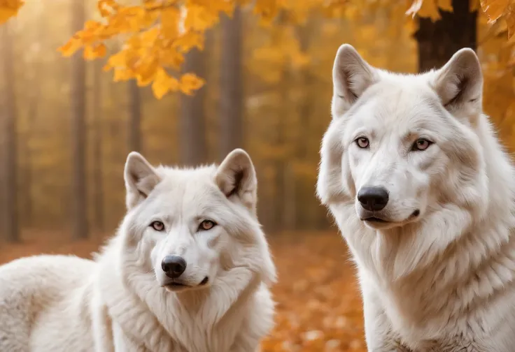 Masterpiece, A beautiful queen, crowned with gold and diamonds sits in the forest in autumn, accompanied by a large white wolf, on the edge of a clear and very beautiful river, Illustration in high definition at 4k resolution, sharp focus, with very detail...