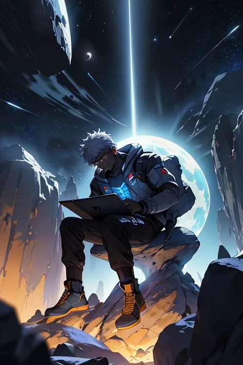 Draw a young programmer, sitting on a research platform floating in the middle of an asteroid belt. He is studying with a laptop, surrounded by several asteroids glowing with fiery auras. Dramatic lighting from distant stars and planets illuminates the sce...