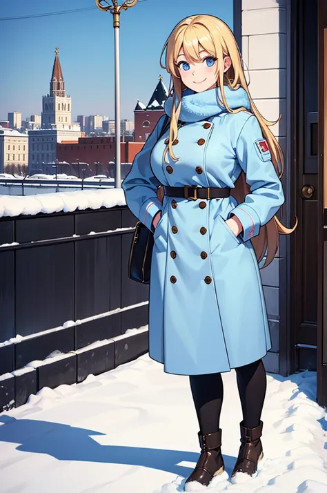 Female, mother, solo, long gold hair, blue eyes, large breasts, smiling, standing in the modern moscow, winter, modern winter outfit 