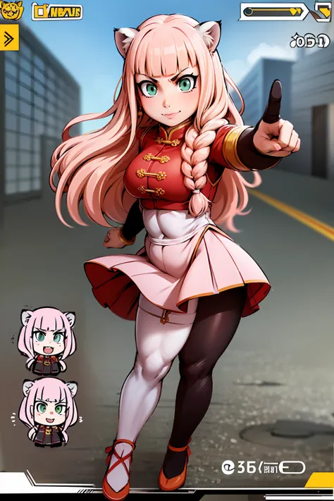 tiger ears, tiger tails, martial art, medium chest, pink hair, skirt, jacket, godess,1girl,coat,standing,, solo focus.1character,,refsheet, character focus, 1character,fangs, cloused mouth,pink hair, green eyes, chinese dress, tomboy,shoes, full body, mart...